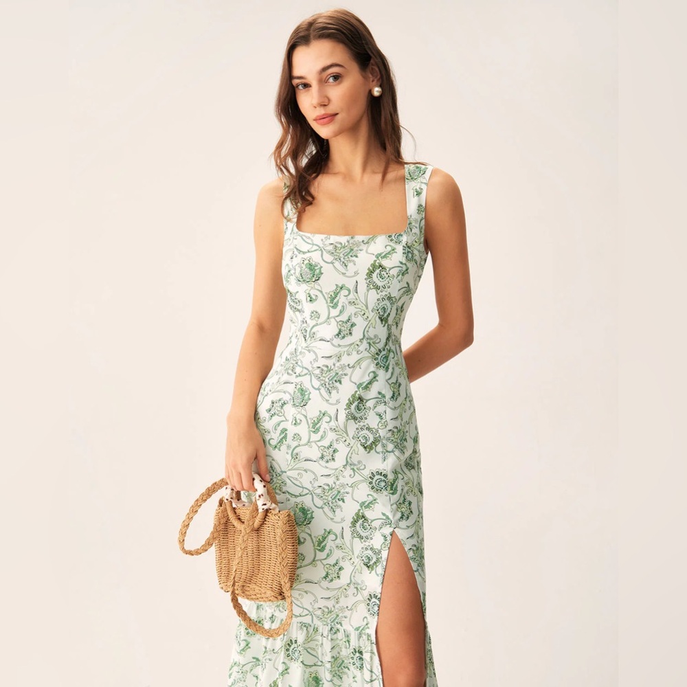 RIHOAS Green Floral Square Neck Midi Dress Sz L NWT